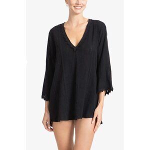 New Robin Piccone Size Large JO TUNIC WITH LACE V-neck long 100% cotton Black